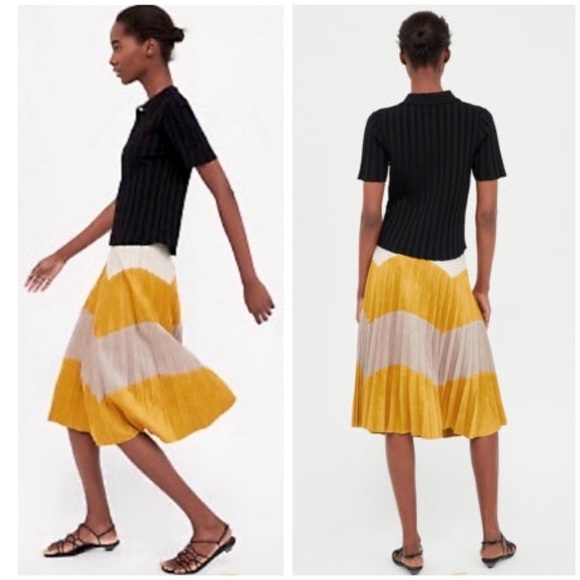 ZARA Zigzag Color Block Pleated Faux Suede Midi Skirt in Mastered Yellow / Beige - Picture 8 of 8